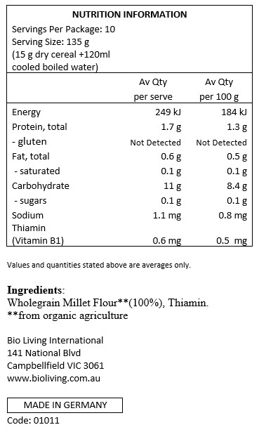 Wholegrain millet flour*75%, wholegrain rice flour*25% vitamin B1 (required by law)
*from organic farming 
** from biodynamic farming