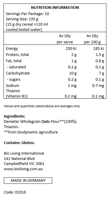 Demeter Wholegrain Oat Flour** (100%),Thiamin (Vit B1).
** from biodynamic agriculture

Contains: Gluten.