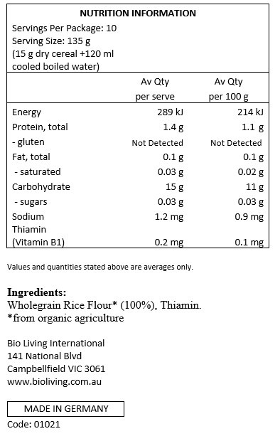 Wholegrain rice*, vitamin B1 (required by law)
*from organic farming 
** from biodynamic farming