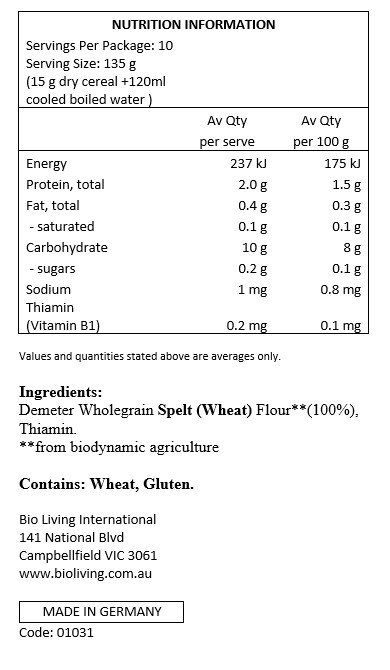 Wholegrain spelt*, vitamin B1 (required by law)
*from organic farming
** from biodynamic farming