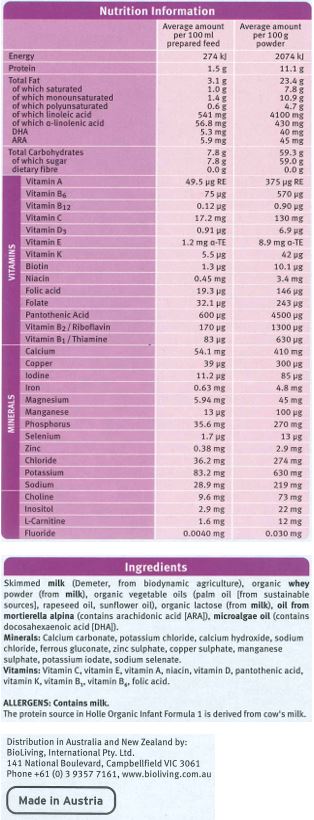 Skimmed milk (Demeter, from biodynamic agriculture), organic whey powder (from milk), organic vegetable oils (palm oil [from sustainable sources], rapeseed oil, sunflower oil), organic lactose (from milk), oil from mortierella alpine (contains arachidonic acid [ARA]), microalgae oil (contains docosahexaenoic acid (DHA]).

Minerals: Calcium, Potassium Chloride, Sodium Chloride, Iron, Zinc, Copper, Manganese, Potassium Iodate, Sodium Selenate.

Vitamins: Vitamin C, Vitamin E, Vitamin A, Niacin, Vitamin D, Pantothenic Acid, Vitamin K, Vitamin B1, Vitamin B6, Folic Acid.