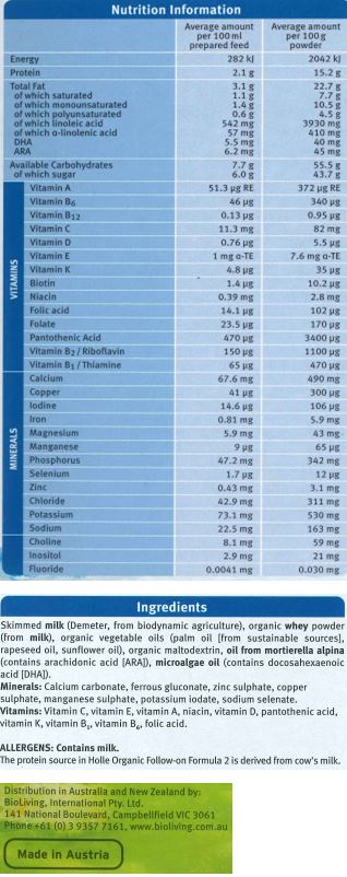 Skimmed milk (Demeter, from biodynamic agriculture), organic whey powder (from milk), organic vegetable oils (palm oil [from sustainable sources], rapeseed oil, sunflower oil), organic maltodextrin, oil from mortierella alpine (contains arachidonic acid [ARA]), microalgae oil (contains docosahexaenoic acid (DHA]).
<br>
Minerals: Calcium, Potassium Iodate, Sodium Selenate, Iron, Zinc, Copper, Manganese.
<br>
Vitamins: Vitamin C, Vitamin E, Vitamin A, Niacin, Vitamin D, Pantothenic Acid, Vitamin K, Vitamin B1, Vitamin B6, Folic Acid.
