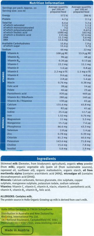 Skimmed milk (Demeter, from biodynamic agriculture), organic whey powder (from milk), organic vegetable oils (palm oil [from sustainable sources], rapeseed oil, sunflower oil), organic maltodextrin, oil from mortierella alpine (contains arachidonic acid [ARA]), microalgae oil (contains docosahexaenoic acid (DHA]).

Minerals: Calcium, Potassium Iodate, Sodium Selenate, Iron, Zinc, Copper, Manganese.

Vitamins: Vitamin C, Vitamin E, Vitamin A, Niacin, Vitamin D, Pantothenic Acid,
Vitamin K, Vitamin B1, Vitamin B6, Folic Acid.
