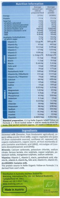 Skimmed milk (Demeter, from biodynamic agriculture), organic whey powder (from milk), organic vegetable oils (palm oil [from sustainable sources], rapeseed oil, sunflower oil), organic maltodextrin, oil from mortierella alpine (contains arachidonic acid [ARA]), microalgae oil (contains docosahexaenoic acid (DHA]).
<br>
Minerals: Calcium, Potassium Iodate, Sodium Selenate, Iron, Zinc, Copper, Manganese.
<br>
Vitamins: Vitamin C, Vitamin E, Vitamin A, Niacin, Vitamin D, Pantothenic Acid, Vitamin K, Vitamin B1, Vitamin B6, Folic Acid.
