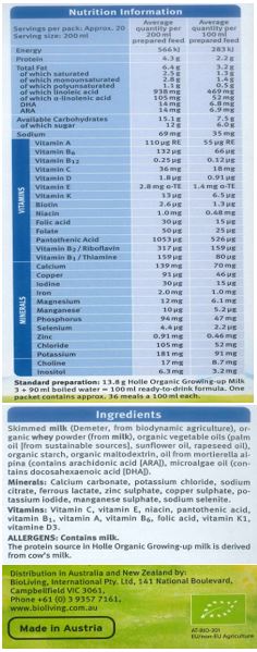 Skimmed milk (Demeter, from biodynamic agriculture), organic whey powder (from milk), organic vegetable oils (palm oil [from sustainable sources], rapeseed oil, sunflower oil), organic maltodextrin, oil from mortierella alpine (contains arachidonic acid [ARA]), microalgae oil (contains docosahexaenoic acid (DHA]).

Minerals: Calcium, Potassium Iodate, Sodium Selenate, Iron, Zinc, Copper, Manganese.

Vitamins: Vitamin C, Vitamin E, Vitamin A, Niacin, Vitamin D, Pantothenic Acid,
Vitamin K, Vitamin B1, Vitamin B6, Folic Acid.
