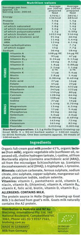 Organic full-cream goat milk powder, organic lactose (from milk), organic vegetable oils (sunflower oil, rapeseed oil), choline hydrogen tartrate, L-cystine, oil from Mortierella alpina (contains arachidonic acid [ARA]), oil from the microalgae Schizochytrium sp. (contains docosahexaenoic acid [DHA]), L-tryptophan, L-tyrosine. 
Minerals: calcium carbonate, ferrous sulphate, sodium citrate, zinc sulphate, copper sulphate, manganese sulphate, potassium iodide, sodium selenite. 
Vitamins: vitamin C, pantothenic acid, vitamin E, niacin, vitamin B1 (thiamine), vitamin A, vitamin B6, vitamin K, folic acid, biotin, vitamin D, vitamin B12.

Contains: Milk
The protein source in Holle Organic Growing-up Goat Milk Formula 3 is derived from full-cream goat's milk.
