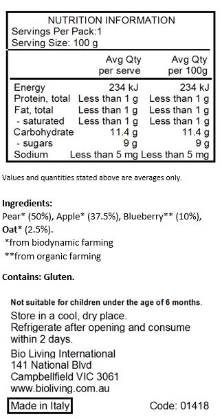 Pear* (50%), apple* (37.5%), blueberry** (10%), oat* (2.5%) *from biodynamic farming **from organic farming
