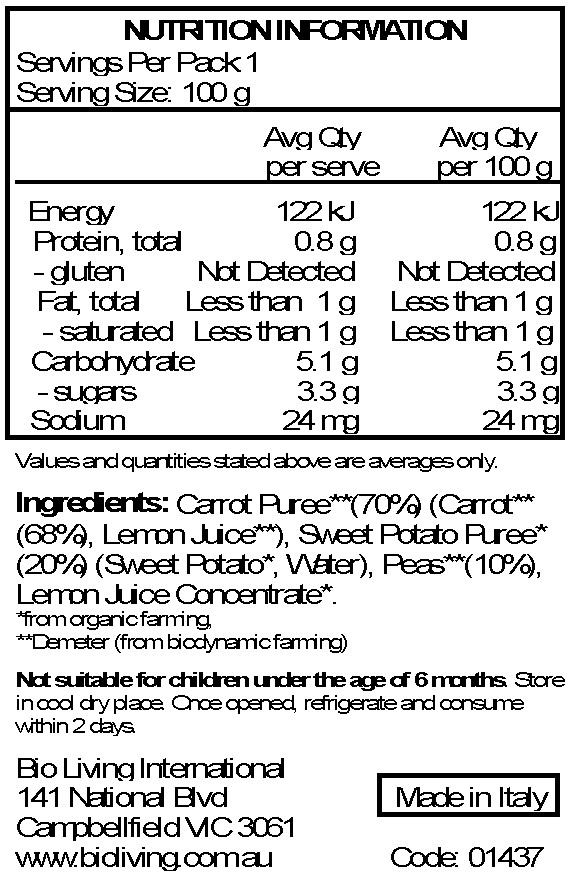 Carrot* (70%), sweet potato* (20%), peas* (10%), lemon concentrate
*from biodynamic farming
**from organic farming