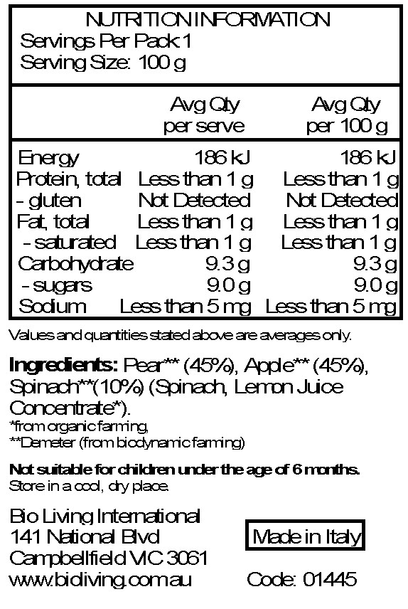 Pear* (45%), apple* (45%), spinach* (10%) *from biodynamic farming **from organic farming 