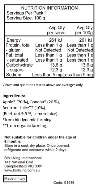 Apple* (70 %), banana* (20 %), beetroot juice** (10%) (beetroot 94%, lemon juice) *from biodynamic farming **from organic farming