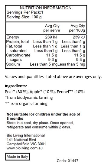 Pear* (80 %), apple* (10 %), fennel** (10%) *from biodynamic farming **from organic farming