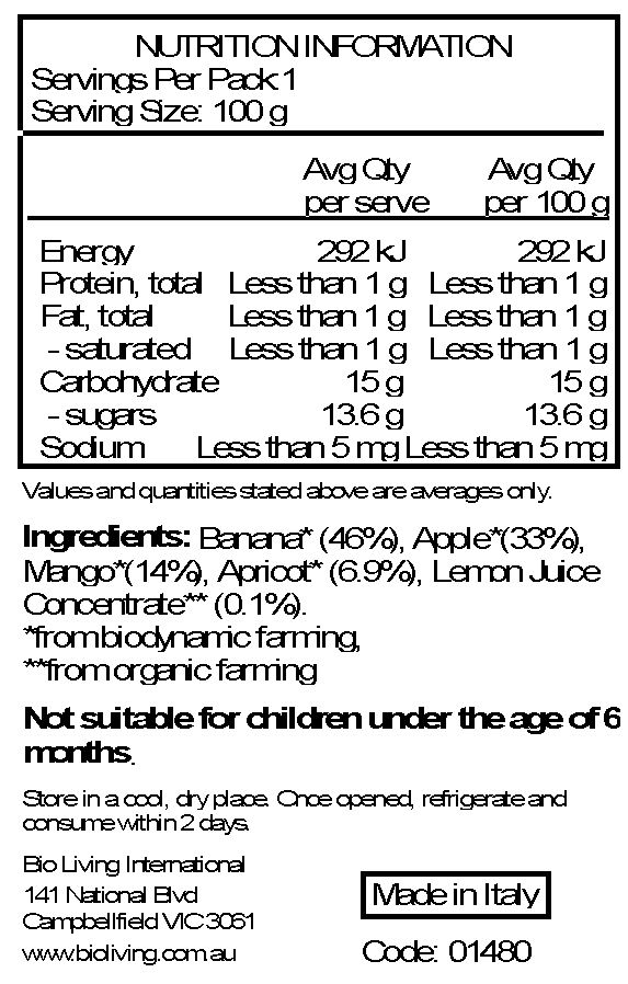 Peach* 40%, Apricot* 25%, Banana* 33%, Spelt* 2%

*From Biodynamic Farming