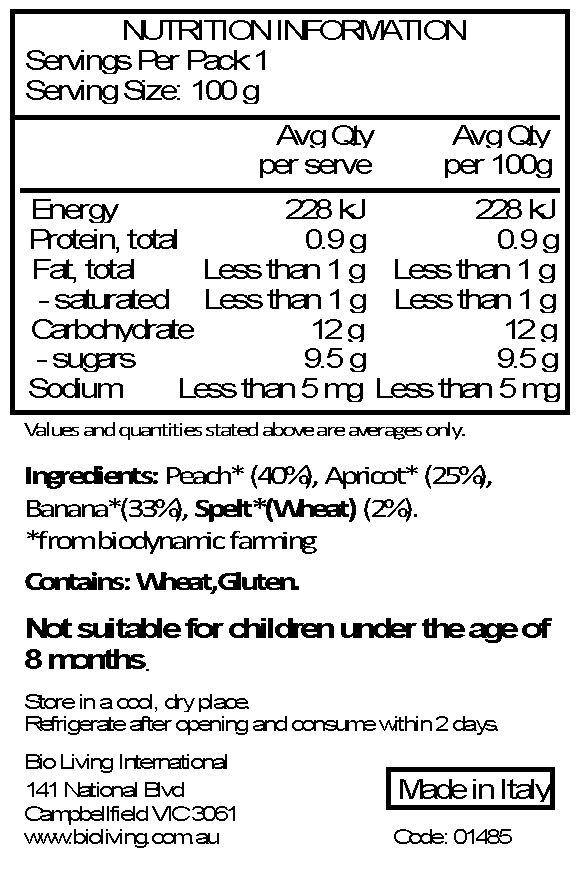 Peach* 40%, Apricot* 25%, Banana* 33%, Spelt* 2%.

*From Biodynamic Farming