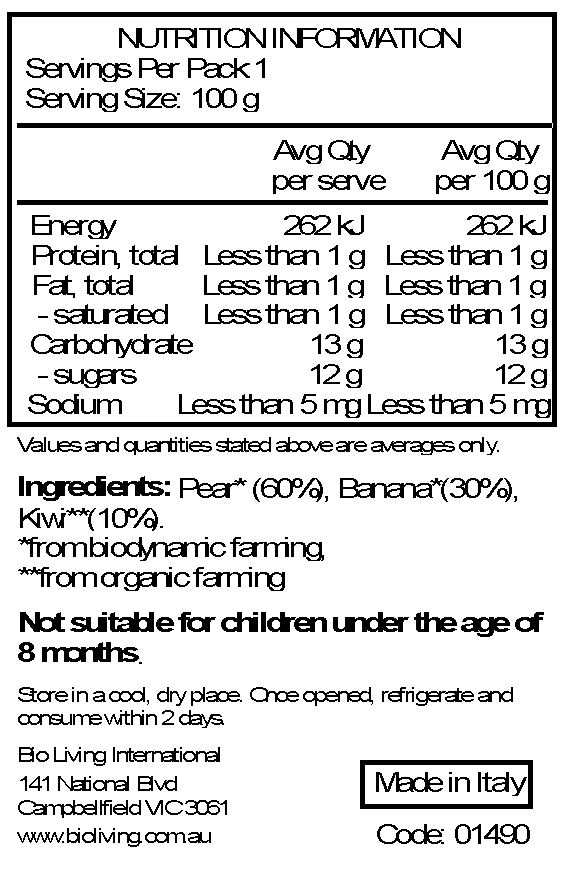 Pear* 60%, Banana* 30%, Kiwi** 10%.

*From Biodynamic Farming
**From Organic Farming