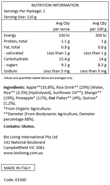 Apple** 35,8%, Rice Drink** 29% (Water, Rice** 3,5% (Hydrolysed), Sunflower Oil**), Mango** 19%, Pineapple* 11%, Oat Flakes** 4%, Quinoa* 1,2%.