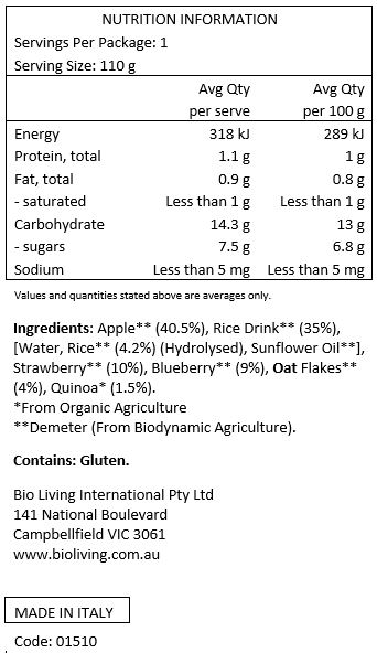 Apple** 40,5 %, Rice Drink** 35% %Water Rice** 4,2 % Hydrolysed), Sunflower Oil**), Strawberry** 10%, Blueberry** 9%, Oat Flakes** 4%, Quinoa* 1,5%.