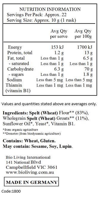 Spelt (Wheat) Flour** (83%), Wholegrain Spelt (Wheat) Groats** (11%), Sunflower Oil*, Yeast*, Vitamin B1.
*from organic agriculture
**Demeter (from biodynamic agriculture)