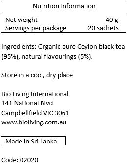 Organic Ceylon black tea (95%), natural flavourings (5%)