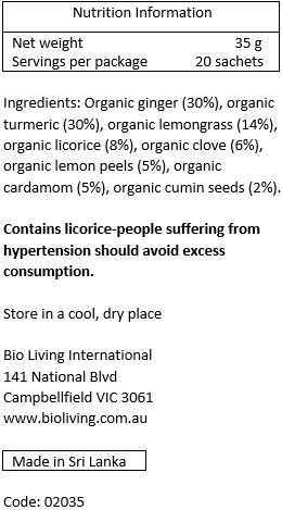 Organic ginger (30%), organic turmeric (30%), organic lemongrass (14%), organic licorice (7%), organic cloves (6%), organic lemon peels (4%), organic cardamom (4%), organic black pepper (3%), organic cumin seeds (2%)