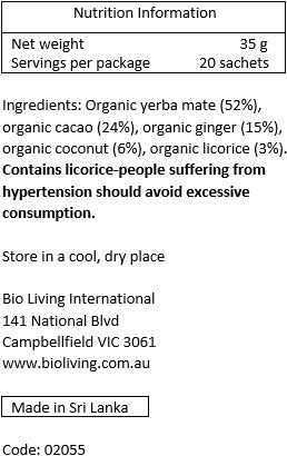 Organic yerba mate (52%), organic cacao (24%), organic ginger (15%), organic coconut (6%), organic licorice (3%)