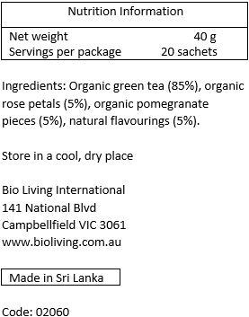 Organic green tea (91%), natural flavouring (5%), organic pomegranate (3%), organic rose petals (1%)