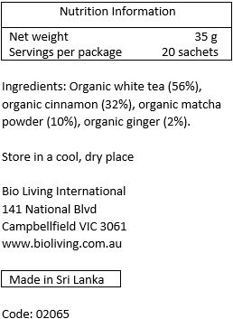 Organic white tea (56%), organic cinnamon (32%), organic matcha powder (10%), organic ginger (2%).