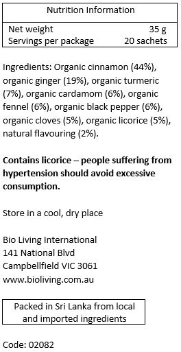 Organic cinnamon (44%), organic ginger (19%), organic turmeric (7%), organic cardamom (6%), organic fennel (6%), organic black pepper (6%), organic cloves (5%), organic licorice (5%), natural cinnamon flavour (2%)
