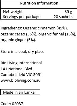Organic cinnamon (45%), organic cocoa (35%), organic fennel (15%), organic ginger (5%)
