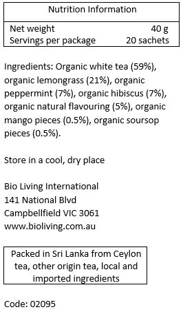 Organic white tea (59%), organic lemongrass (21%), organic peppermint (7%), organic hibiscus (7%), natural mango flavour (1.5%), natural passion fruit flavour (1.5%), natural pineapple flavour (1.5%), natural soursop flavour (1%),  organic mango pieces (0.5%), organic soursop pieces (0.5%)