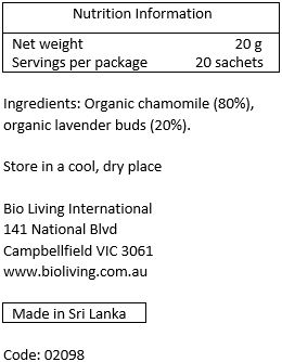 Organic chamomile (70%), organic lavender (30%)