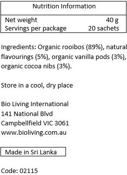 Organic rooibos (72.75%), organic cocoa (26%), natural organic vanilla flavour (1%), organic vanilla pods (0.25%).
