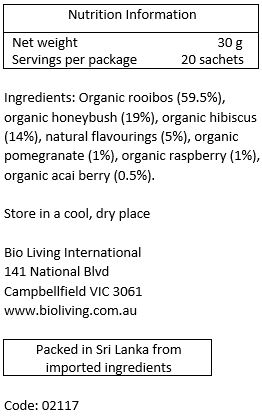 Organic rooibos (59.5%), organic honeybush (19%), organic hibiscus (14%), natural acai berry flavour (3.5%), natural pomegranate (1%), organic raspberry (1%), organic acai berry (0.5%) natural blueberry flavour (0.5%)