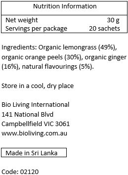 Organic lemongrass (49%), organic orange peel (24%), organic ginger (22%), natural lime flavour (2.5%), natural mandarin flavour (2.5%)