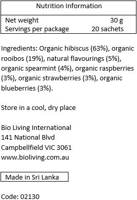 Organic hibiscus (63%), organic rooibos (19%), organic beetrrot (6.5%),  organic spearmint (4%), natural strawberry flavour (3%) , natural raspberry flavour (2%), organic sweet blackberry leaves (1%), organic raspberries (0.5%), organic strawberries (0.5%). organic blueberries (0.5%).