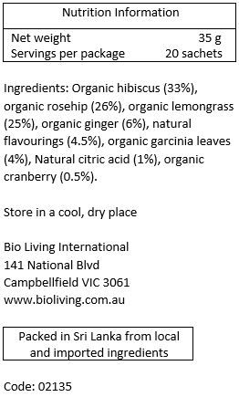 Organic hibiscus (33%), organic rosehip (26%), organic lemongrass (25%), organic ginger (6%), organic garcinia leaves (4%), natural cranberry flavour (3%), natural lychee flavour (1.5%), natural citric acid (1%), organic cranberry (0.50%)