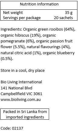 Organic Green Rooibos (63%), organic hibiscus (18%), organic pomegranate (6%), organic passion flower (6%), natural citric acid (2%), natural pomegranate (2%), natural blueberry (2%), natural passion flavour (1%)