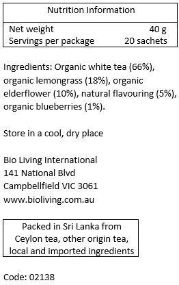 Organic white tea (66%), organic lemongrass (18%), organic elderflower (10%), natural blueberry flavour (5%), organic blueberries (1%)