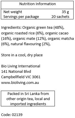 Organic green tea (48%), organic roasted rice (16%), organic cacao (16%), organic mate (12%), organic matcha (6%), natural chocolate flavour (2%)