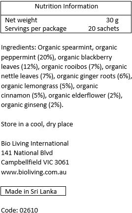 Organic spearmint (34%), organic peppermint (20%), organic blackberry leaves (12%), organic rooibos (7%), organic nettle leaves (7%), organic
ginger roots (6%), organic lemongrass (5%), organic cinnamon (5%), organic elderflower (2%), organic ginseng (2%)