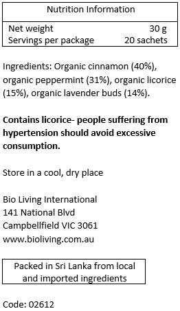 Organic cinnamon (40%), organic peppermint (31%), organic licorice (15%), organic lavender (14%)