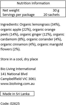 Organic lemongrass (34%), organic apple (22%), organic orange peels (14%), organic ginger root (12%), organic cardamom (8%), organic coriander
(4%), organic cinnamon (4%), organic marigold petals (2%)