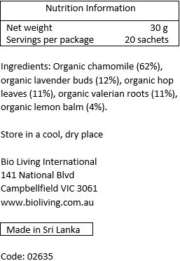 Organic chamomile (62%), organic lavender buds (12%), organic hop leaves (11%), organic valerian (11%), organic lemon balm (4%)