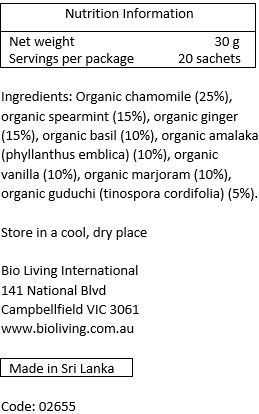 Organic chamomile (33%), organic spearmint (17%), organic ginger (16%), organic basil (10%), organic amalaki (phyllanthus emblica) (10%), organic
guduchi (tinospora cordifolia) (9%), organic marjoram (4.5%), organic vanilla (0.5%)