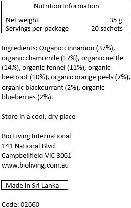 Organic cinnamon (39%), organic chamomile (19%), organic fennel (13%), organic beetroot (12%), organic orange peels (7%), organic nettle (6%), organic blackcurrant (2%), oranic bluberries (2%)