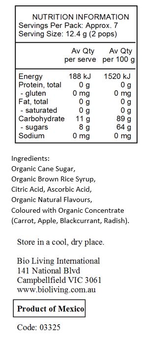 Organic Cane Sugar, Organic Brown Rice Syrup, Citric Acid, Ascorbic Acid, Natural Flavours Concentrate (Carrot, Blackcurrant) (Colour), Organic Annatto (Colour).