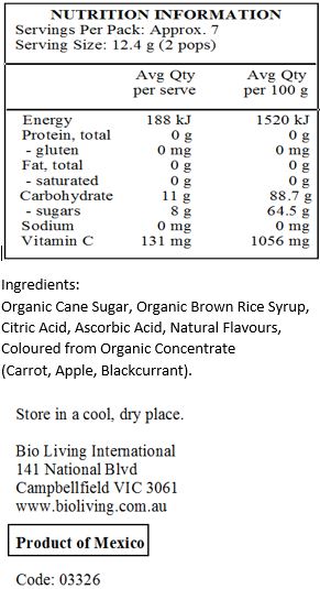 Organic Cane Sugar, Organic Brown Rice Syrup, Citric Acid, Ascorbic Acid, Natural Flavours, Coloured with Concentrate (Carrot, Blackcurrant).