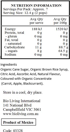 Organic Cane Sugar, Organic Brown Rice Syrup, Citric Acid, Ascorbic Acid, Natural Flavours, Coloured with Concentrate (Carrot, Blackcurrant).