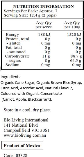 Organic Cane Sugar, Organic Brown Rice Syrup, Citric Acid, Ascorbic Acid, Natural Flavours, Coloured with Concentrate (Carrot, Blackcurrant).