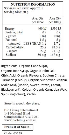 Organic Cane Sugar, Organic Rice Syrup, Organic Palm Oil, Citric Acid, Organic Natural Flavors, Sodium Citric, Turmeric (Color), Organic Sunflower Lecithin, Malic Acid, (Radish, Carrot, Sweet Potato, Blackcurrant) For Color, Organic Carnauba Wax, Spirulina Concentrate (Color), Pectin.