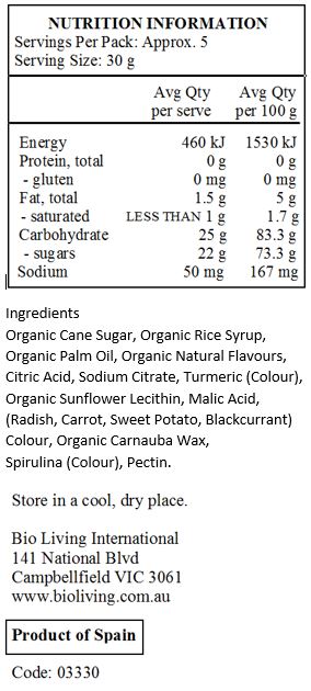 Organic Cane Sugar, Organic Rice Syrup, Organic Palm Oil, Organic Natural Flavors, Citric Acid, Sodium Citric, Turmeric (Color), Organic Sunflower Lecithin, Malic Acid, (Radish, Carrot, Sweet Potato, Blackcurrant) For Color, Organic Carnauba Wax, Spirulina Concentrate (Color), Pectin.
